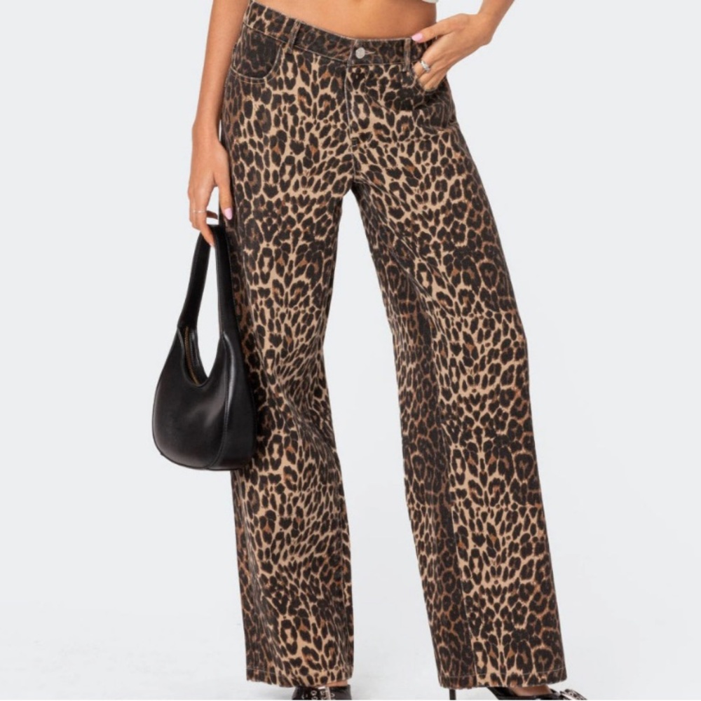 Edikted Brown Leopard Print Wide-Leg Jeans
